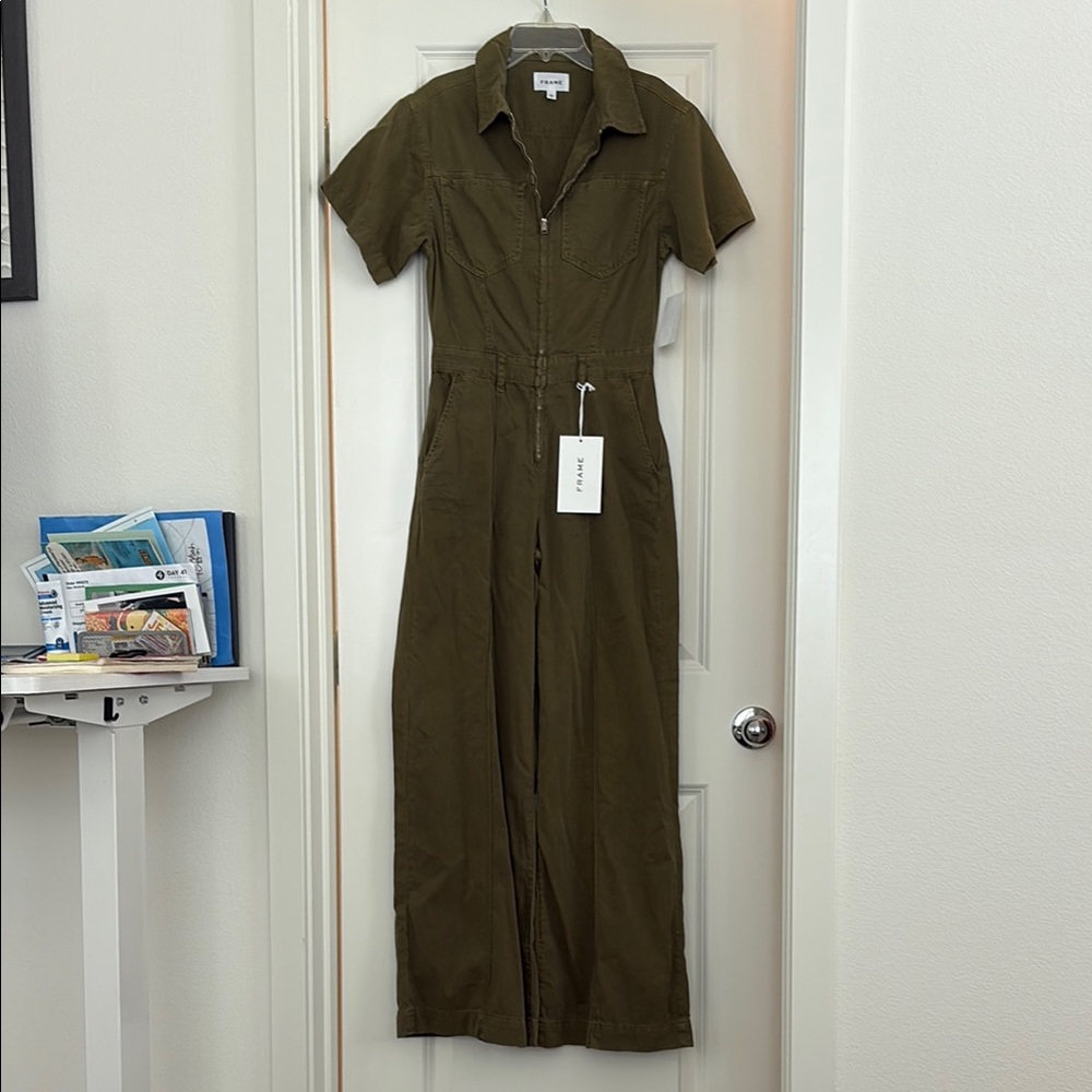 Frame Denim Green Utilitarian Jumpsuit with Fitted Waist